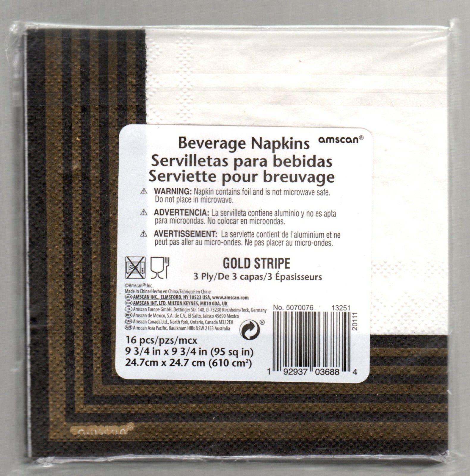 Black & Metallic Gold Stripes Party Napkins, 16 Pc, All Occasion Graduation, 5″