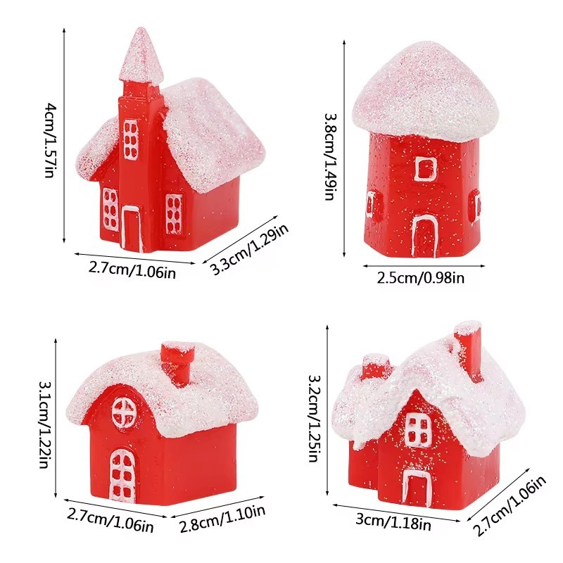 4PCS Resin Mini Winter Village Snow House Christmas Cake Decor Holiday Ornament
