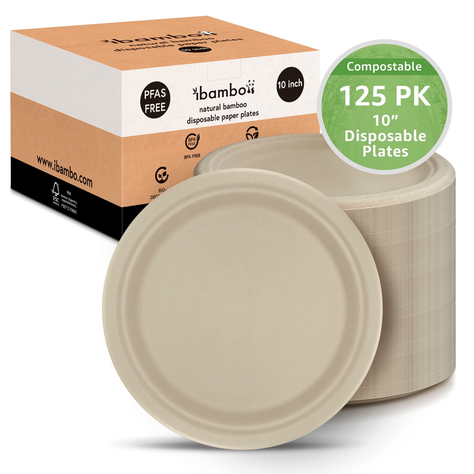 Ibambo Bamboo Disposable Paper Plates – 10 Inch, 125 Pack, Compostable Plates