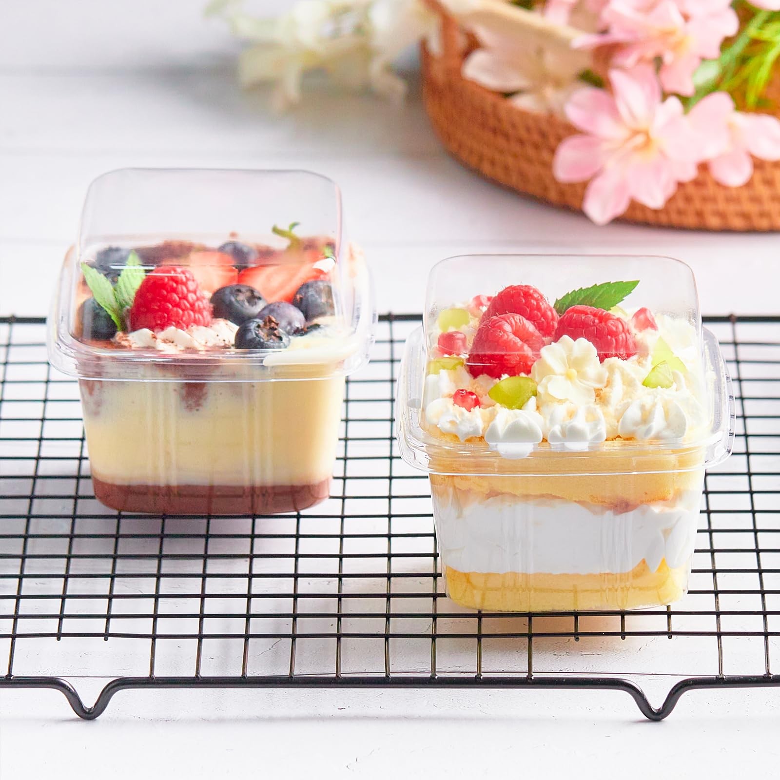 50 PCS 8 oz Clear Square Plastic Dessert Cups With Lids Sporks Containers