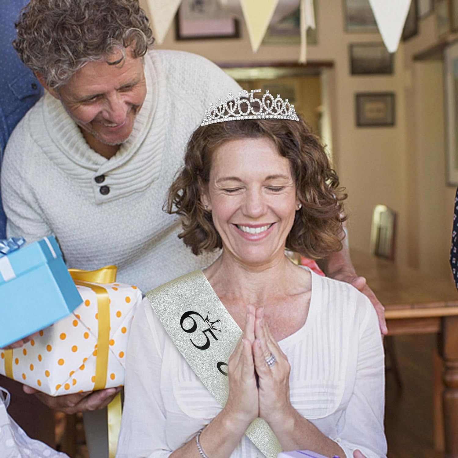 65th Birthday Crown and Sash Set Rhinestone Tiara Party Decorations Women Kit
