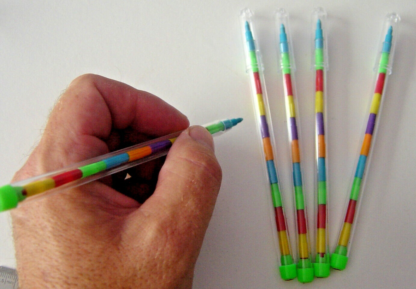 Pencil Crayon Stacker, swap point swop 15cm high, multi colours funky, party bag