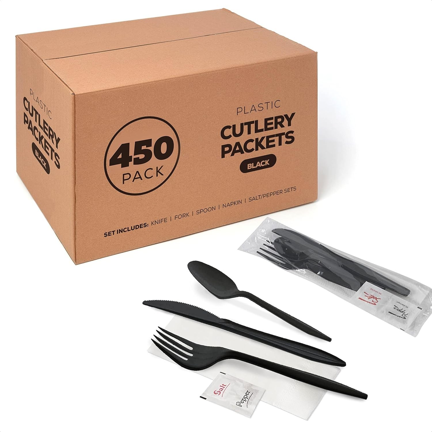 250-pack Plastic Cutlery Set – Knife,Fork,Spoon,Napkin, Salt, and Pepper Set