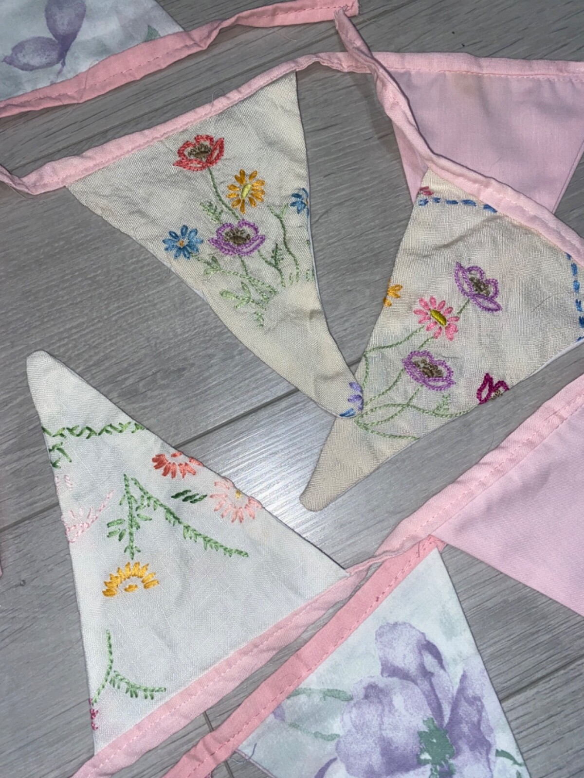 2 x Vintage Embroidered Sampler,Antique Bunting Pink,Tea Party,Nursery Art Deco