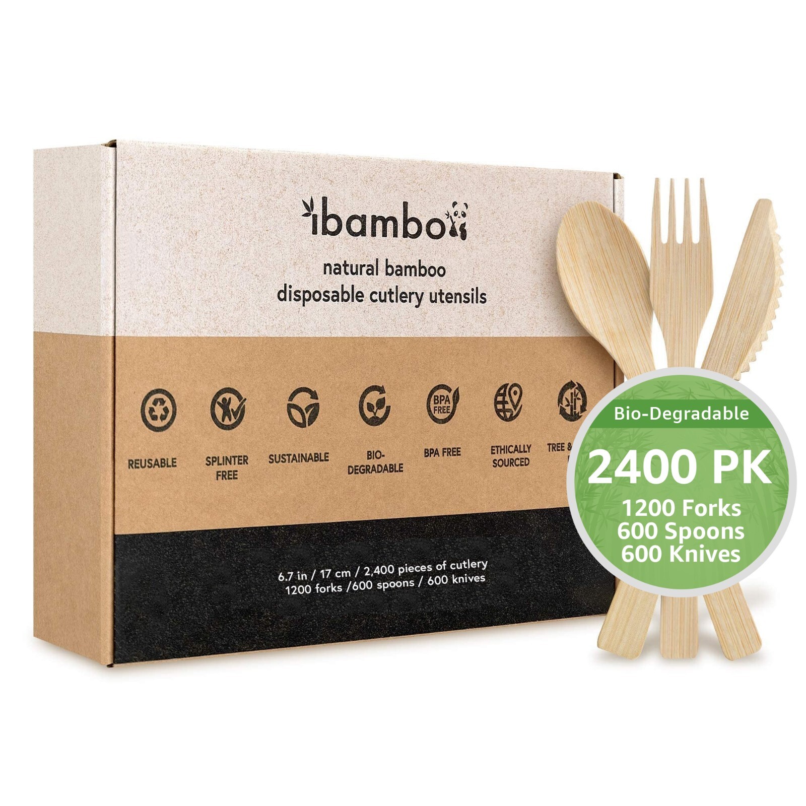 Ibambo Bamboo Utensils – 1200 Forks, 600 Spoons, 600 Knives – Dispose or Reuse