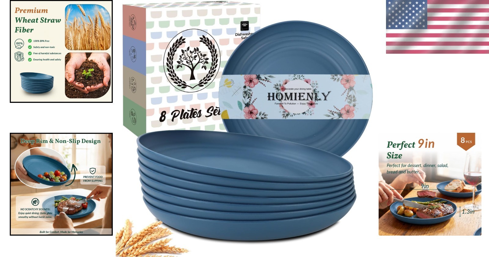 Durable 9-Inch Wheat Straw Dinner Plates – 8 pcs, Dishwasher Safe & Reusable