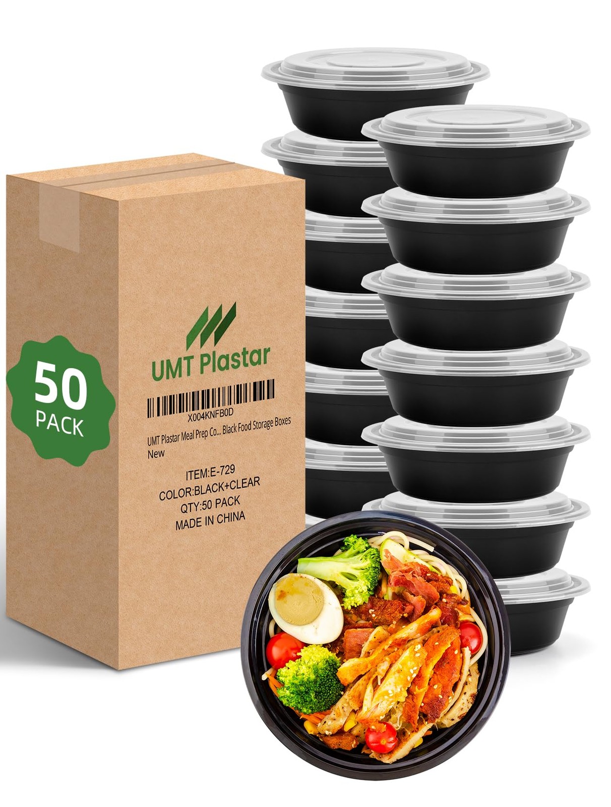 UMT Plastar Meal Prep Containers with Lids – 50 Pack 32 oz Round Meal Bowls, Mic