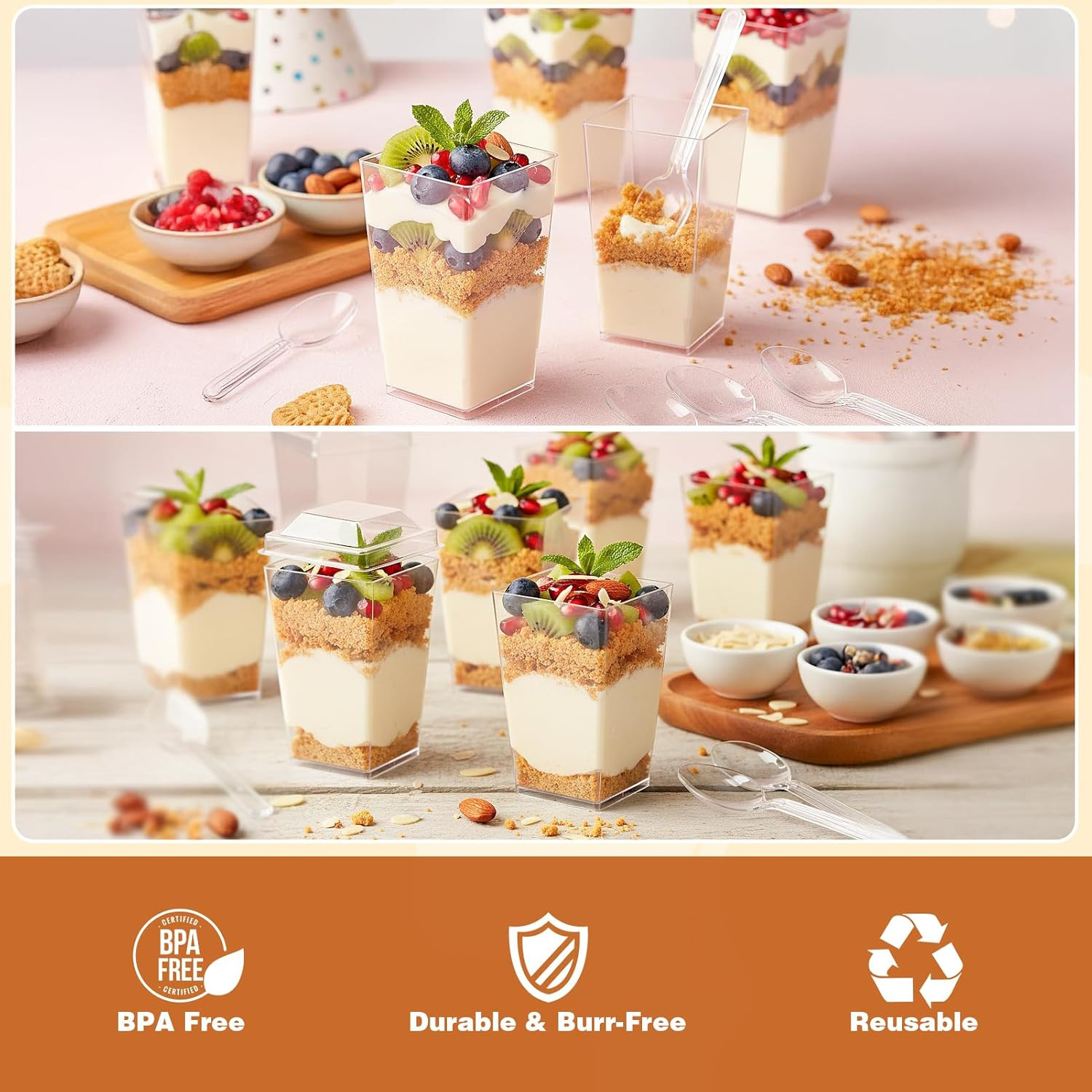 600 Pcs 3 Oz Mini Dessert Cups with Lids and Spoons, Reusable Square Appetizer,