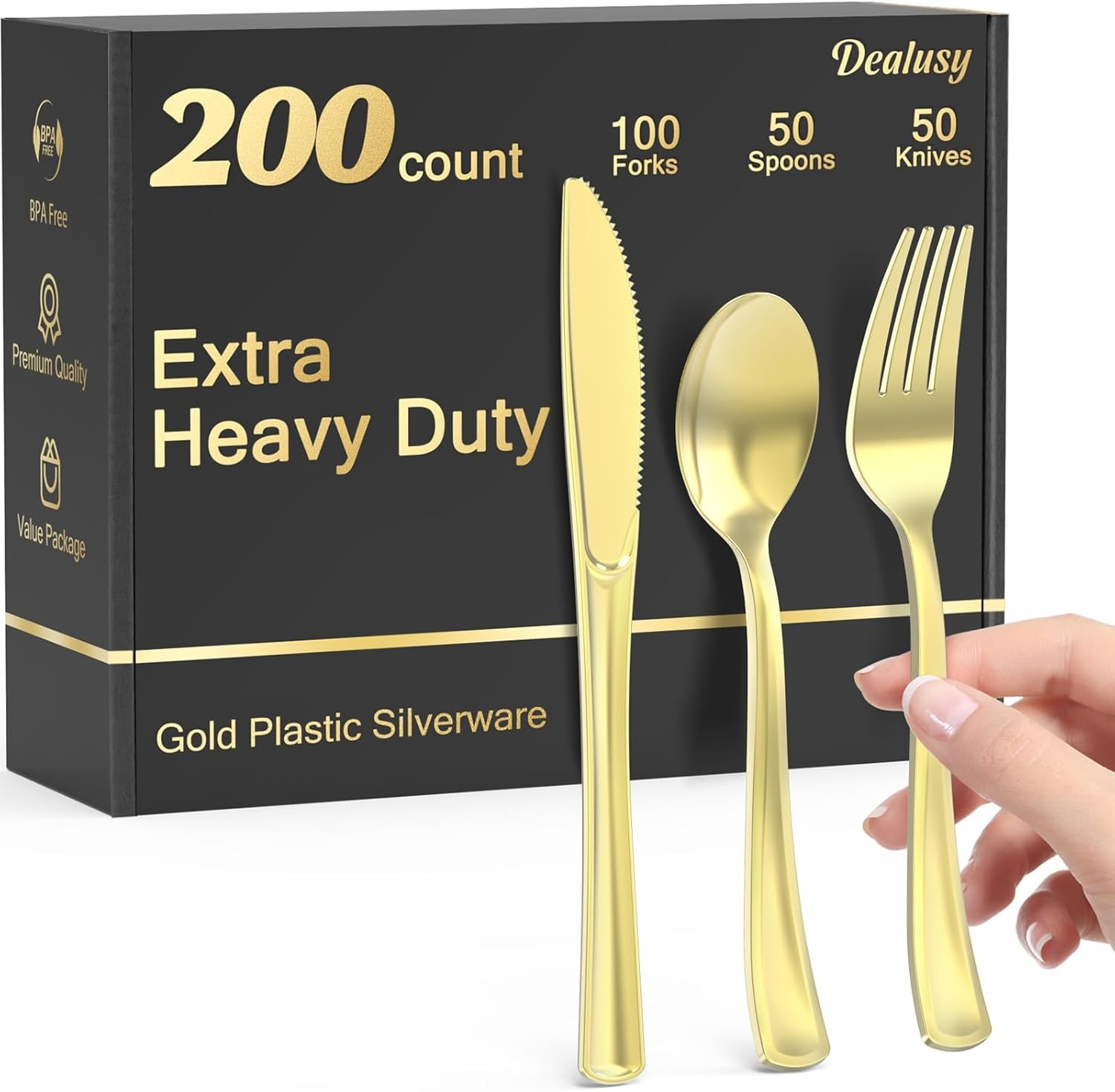 200 Count Heavy Duty Gold Plastic Silverware, 100 Forks, 50 Spoons, 50 Knives, B