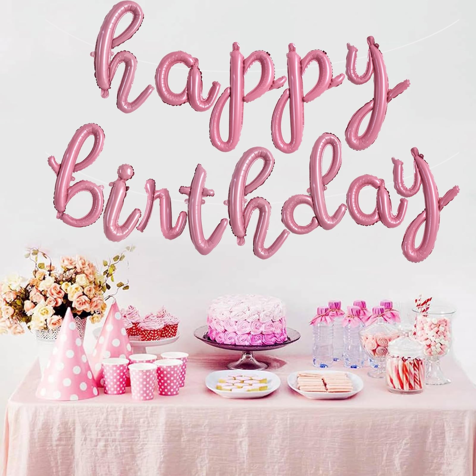 TONIFUL Light Pink Happy Birthday Balloons Banner,Cursive Happy Birthday Ball…
