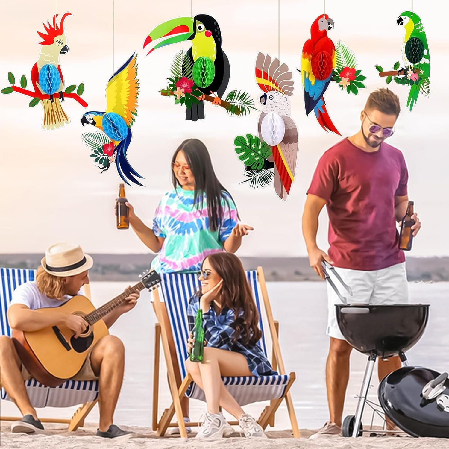 6 Pieces Tropical Birds Honeycomb Cutouts, Large Parrot Hanging Decor Parrot Hon