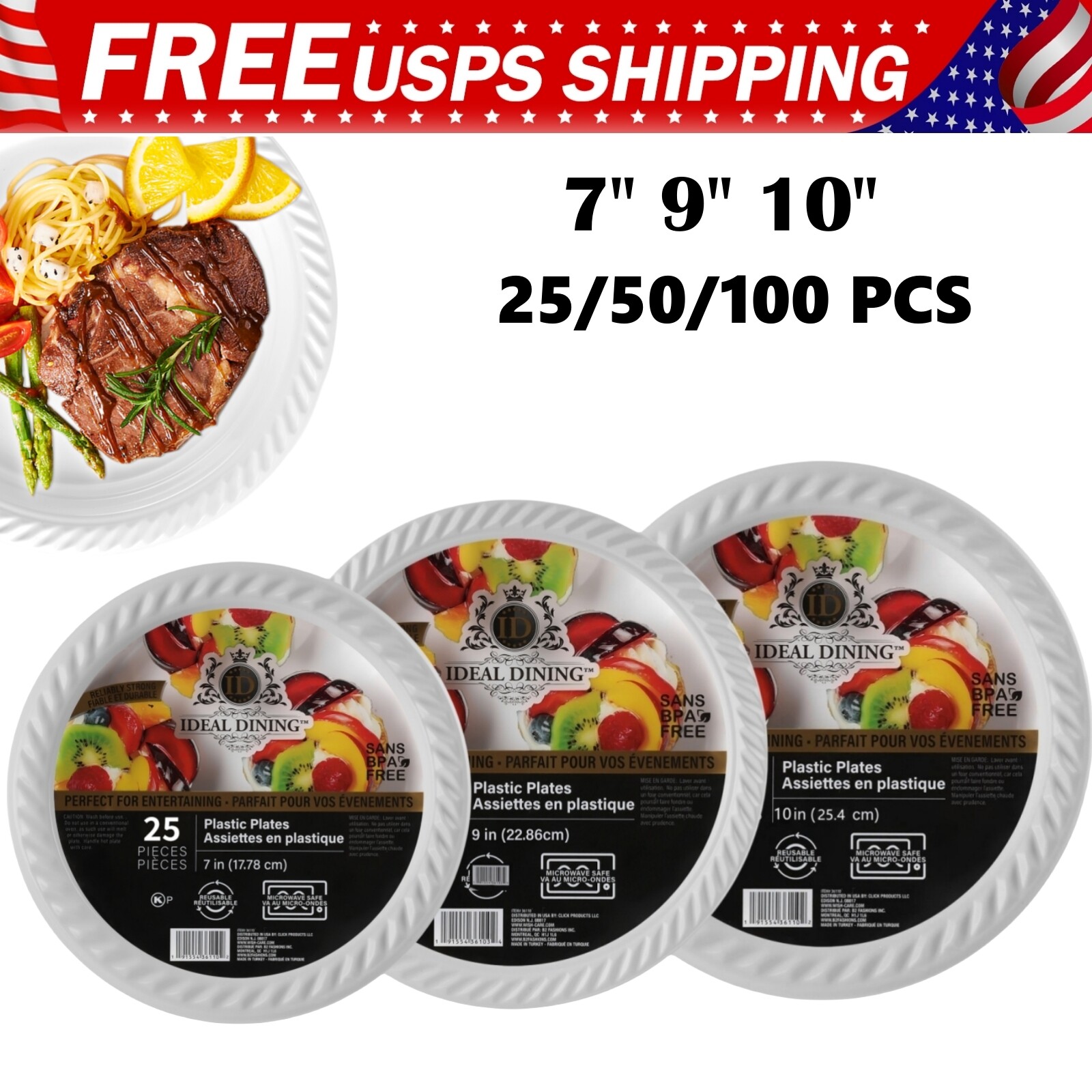 Disposable White Plastic Plates 7″ 9″ 10″Party Dinner Plates Heavy Duty BPA-Free