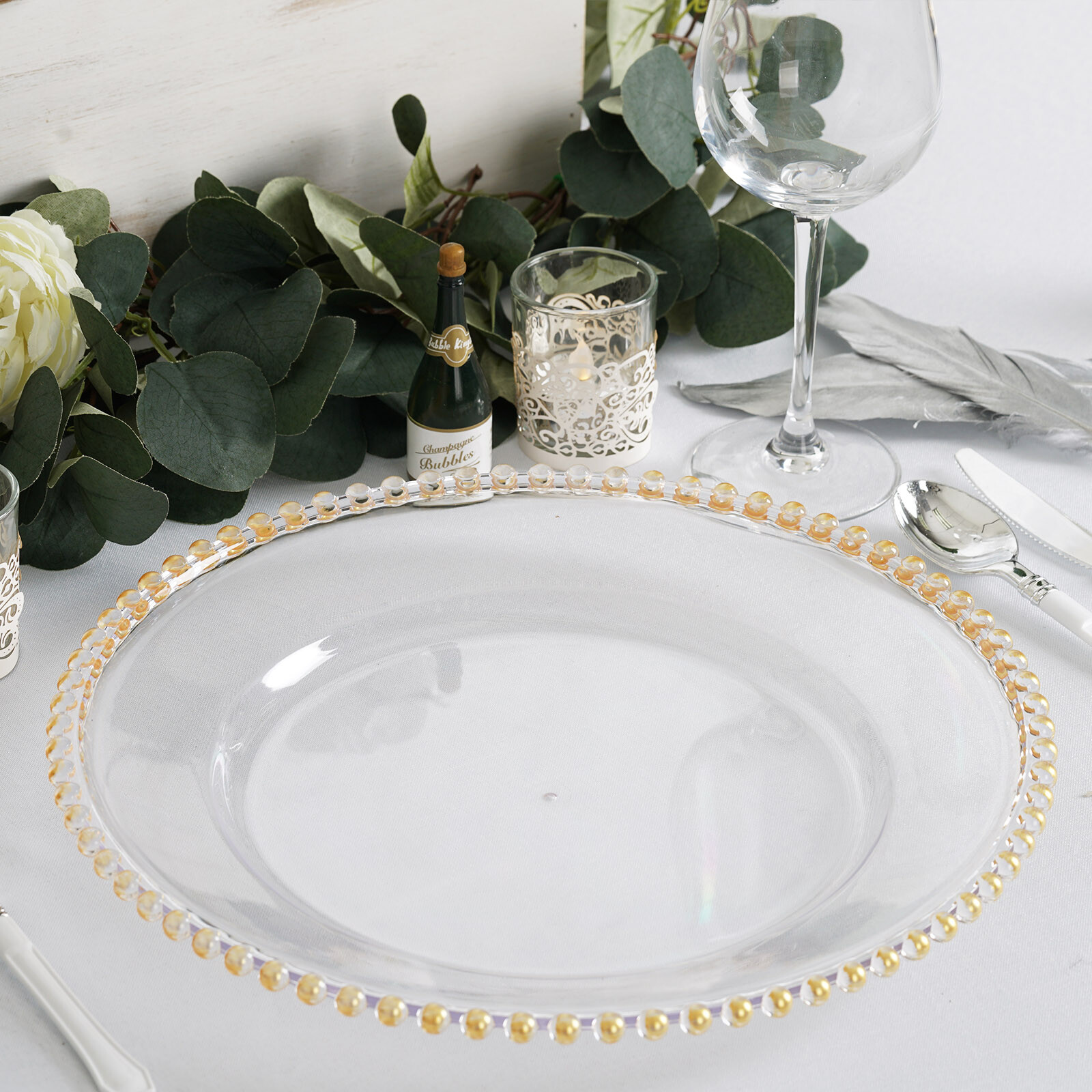 24 CLEAR GOLD 12″ Round Beaded Rim Charger Plates Wedding Reception Supplies