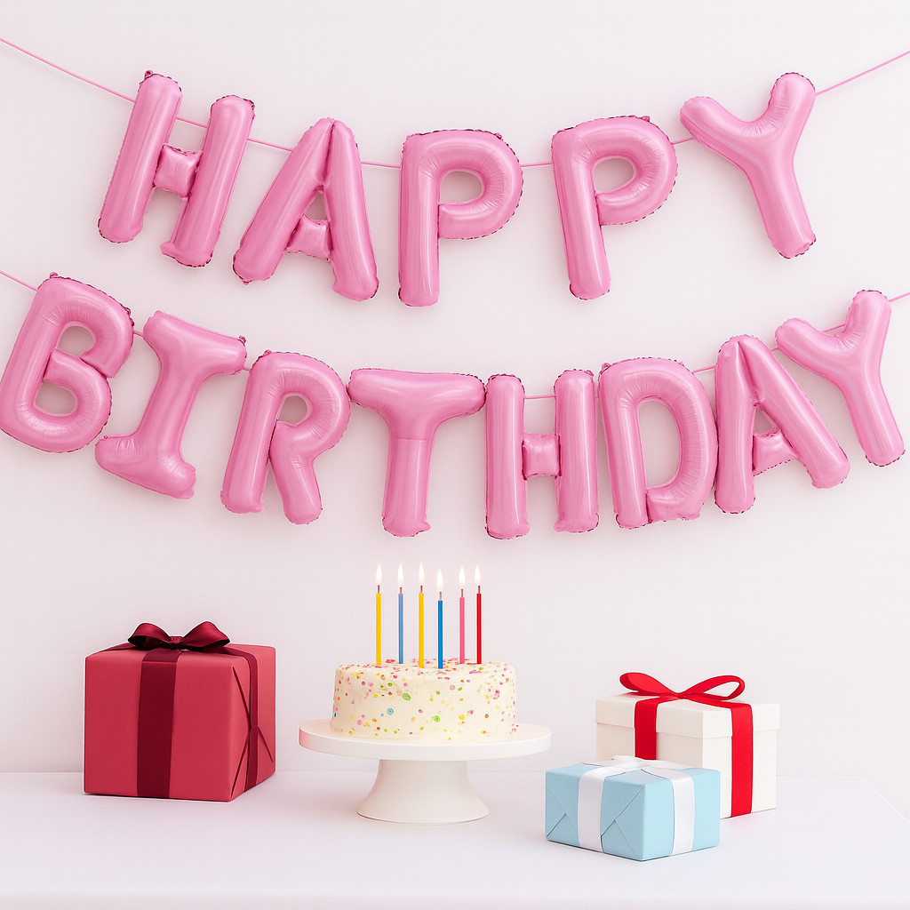 HAPPY BIRTHDAY 16” Balloons Letters Banner Set with Straw & Ribbon – Pink