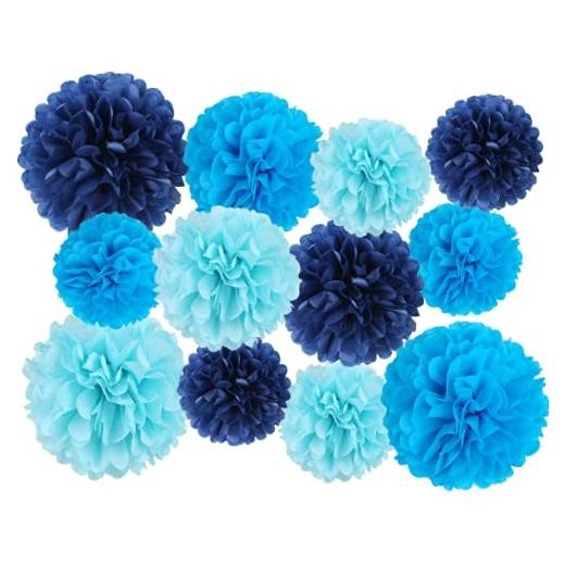 12 Pcs Tissue Pom Poms Kit, Tissue Paper Flowers for Birthday, Boy Blue Mix