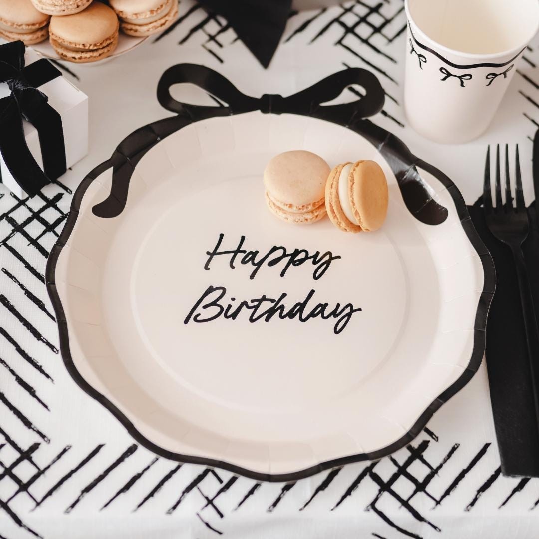 Cream & Black Bow Happy Birthday Paper Plates – Coquette Theme – Pack Of 6