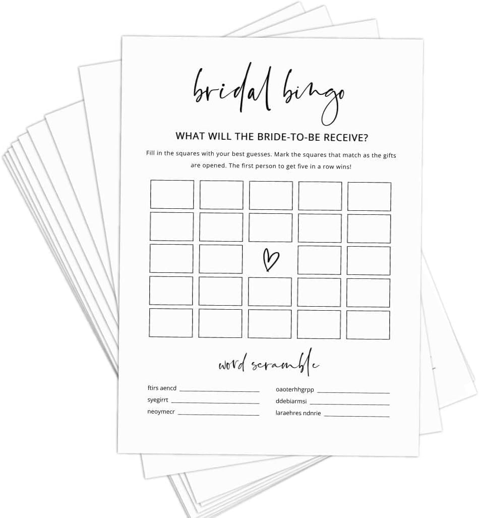 Bridal Shower Bingo, Bridal Shower Game for 50 Guests, 50 Cards, Minimalist