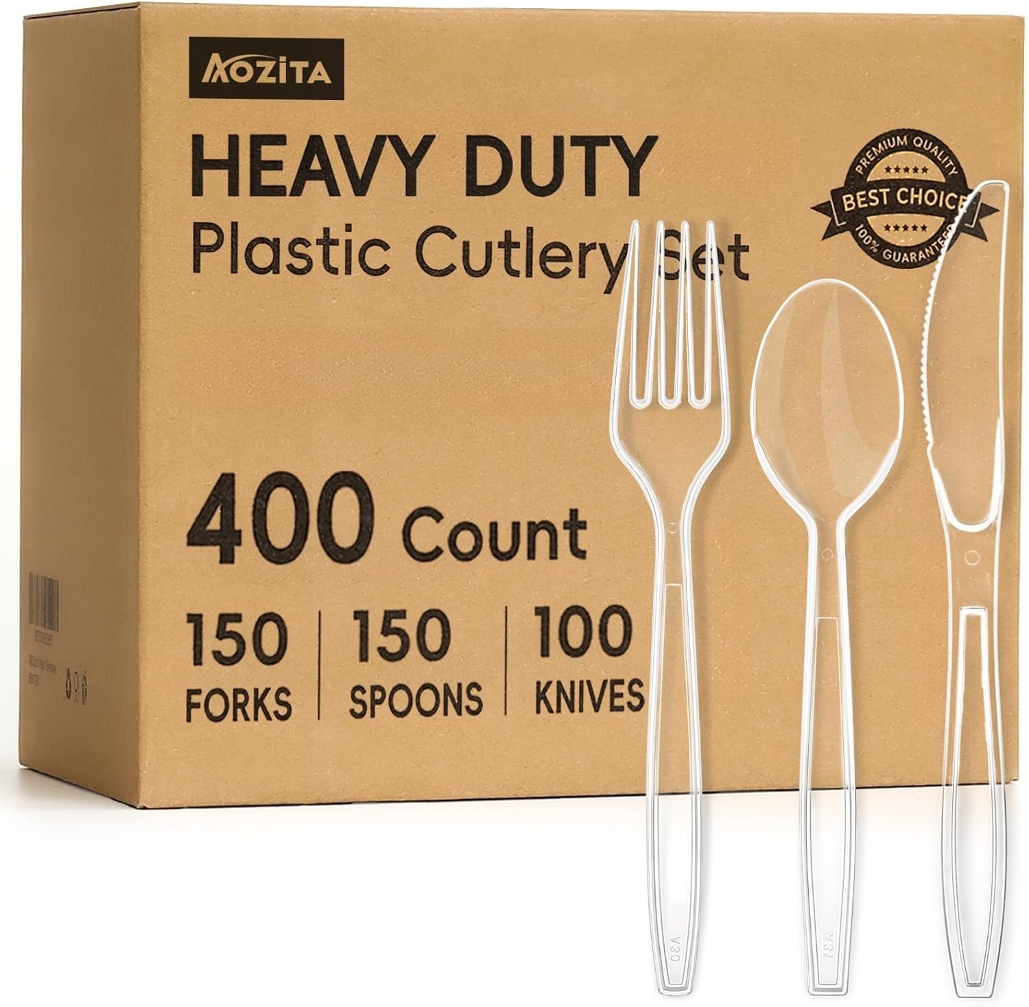 400 Count Plastic Silver Ware Heavy Duty, 150 Forks, 150 Spoons, 100 Knives, Hea