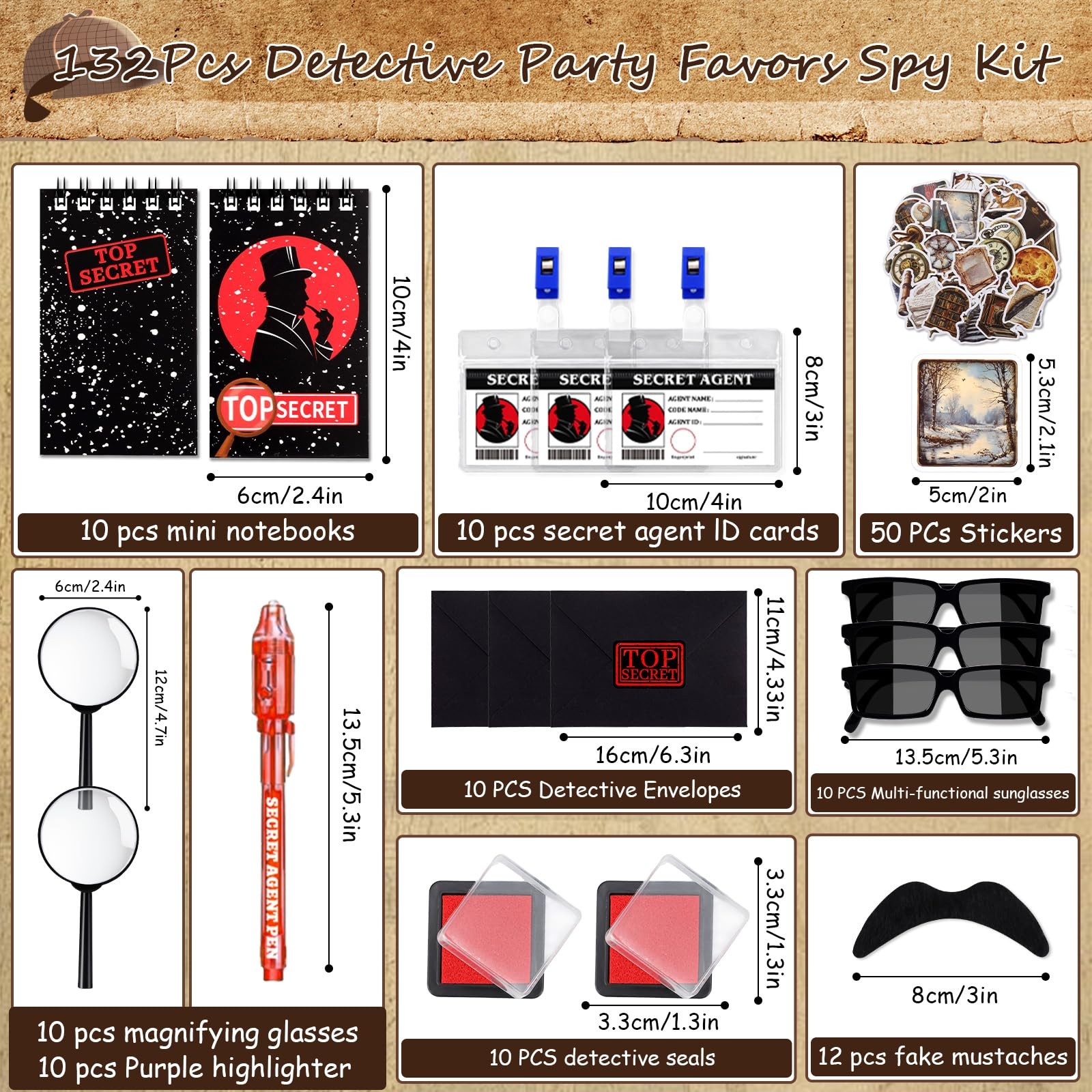 Spy Detective Party Favors Kit Sunglasses Ink Pen Magnifying Glass Tags 132PC