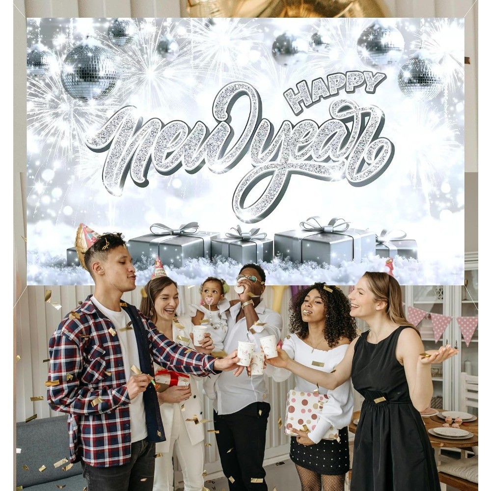 Happy New Year Banner 71 x 43 Inch, Silver Glitter Decor Backdrop with White