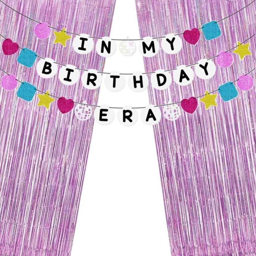 In My Birthday Era Banner w/ 2 Pink Tinsel Curtain Set Party Decoration Backdrop
