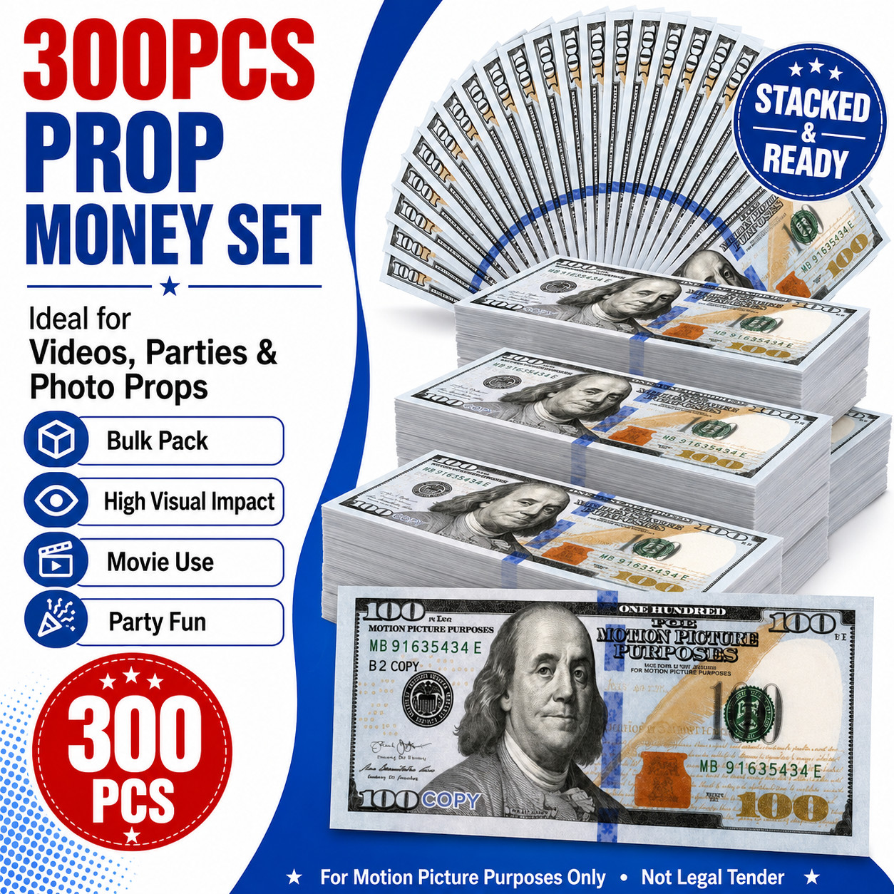 $100 Bills (300pack) Prop Replica Money for Movies, Parties, TikTok & Instagram!
