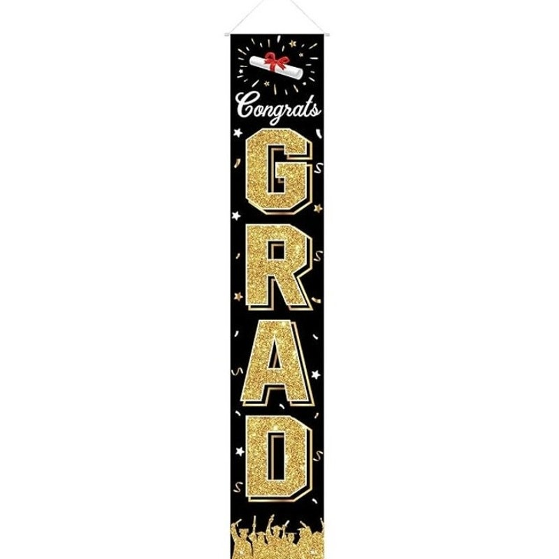 Congrats Grad Vertical Banner Gold Hanging Porch Or Wall Signage 72 in ×12 in