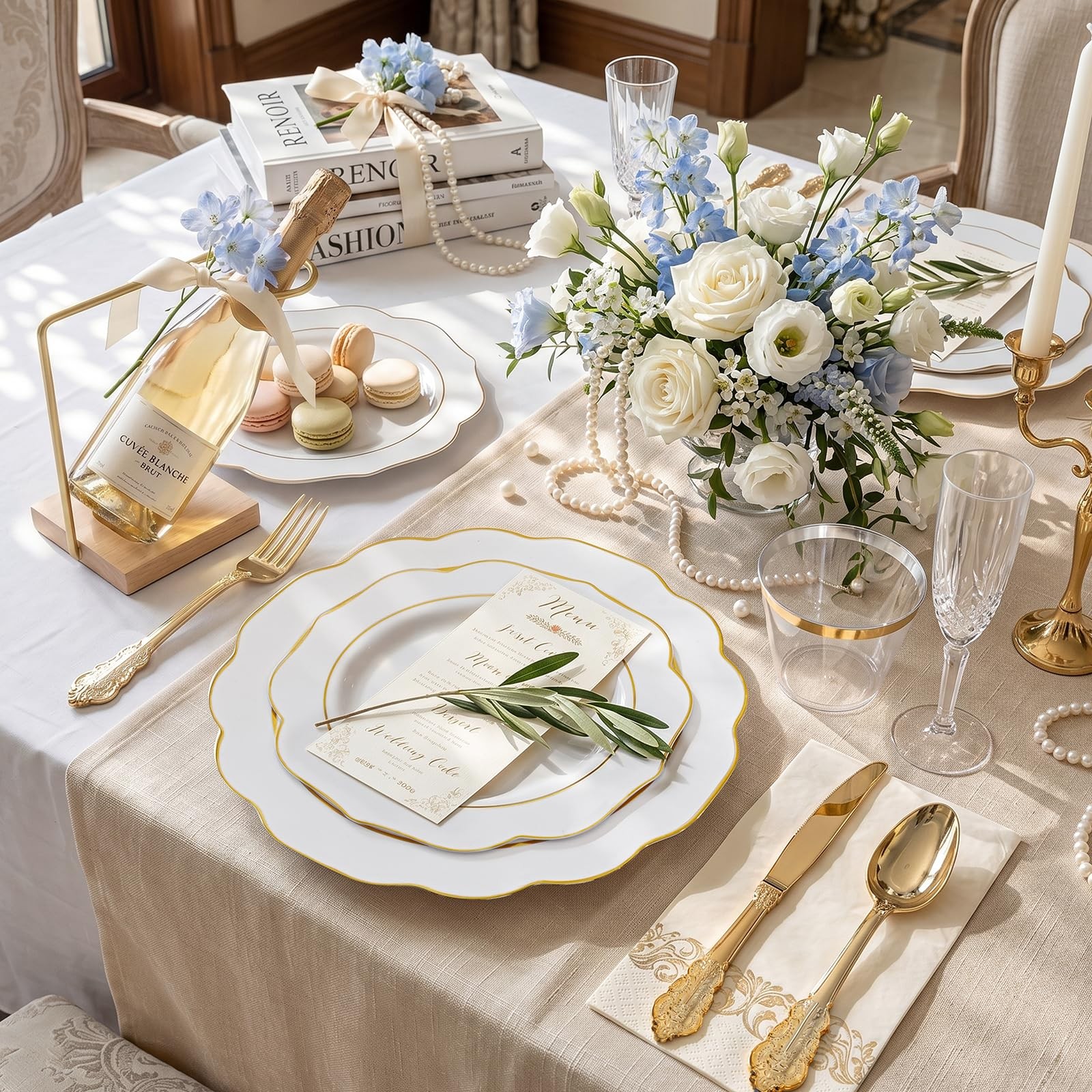 175PCS Gold Plastic Plates with Disposable Silverware – White Gold Plastic Ta…