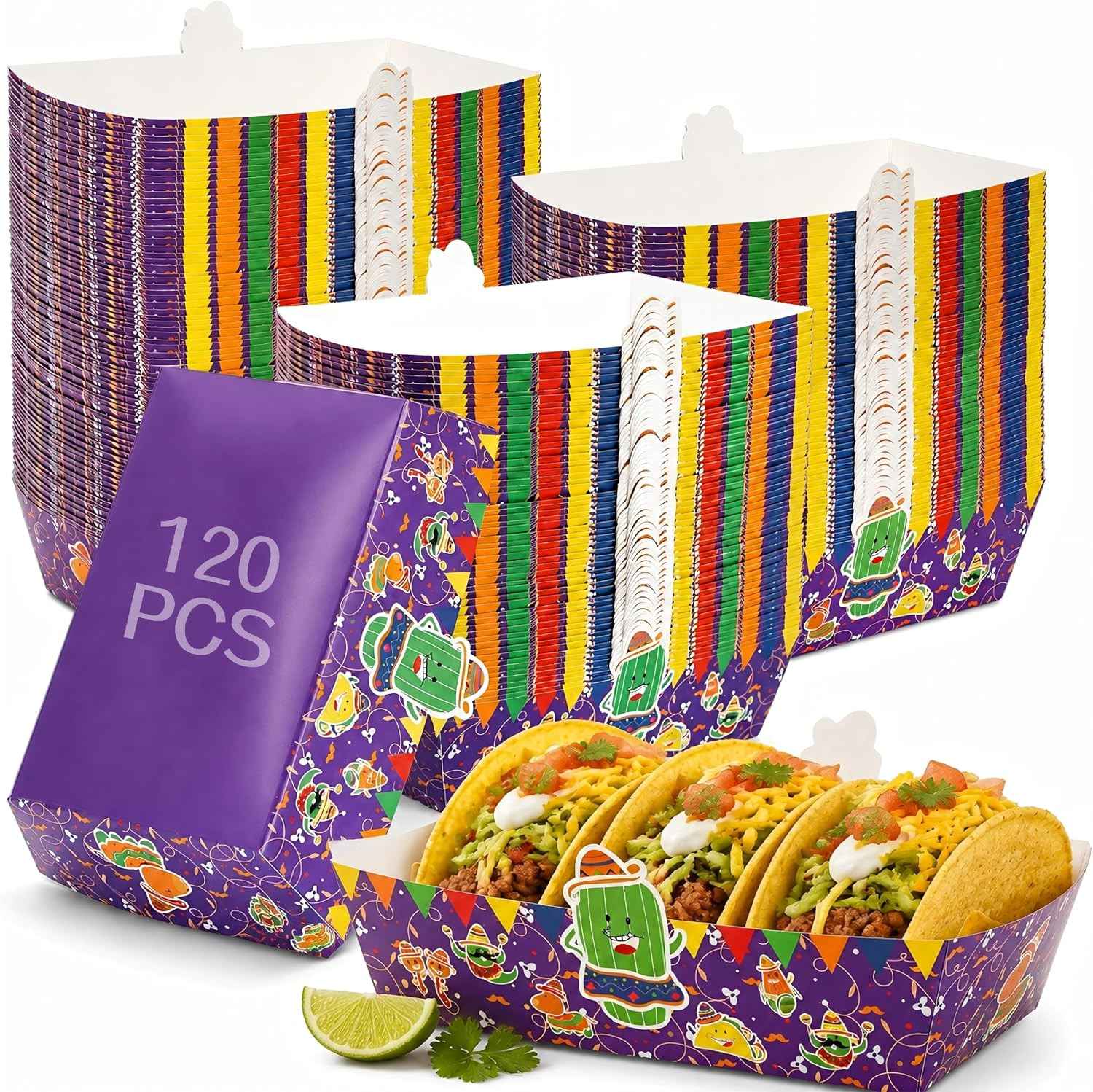 120 Pack Mexican Paper Food Trays, Disposable Taco Holders, Nacho Boat Trays Tac