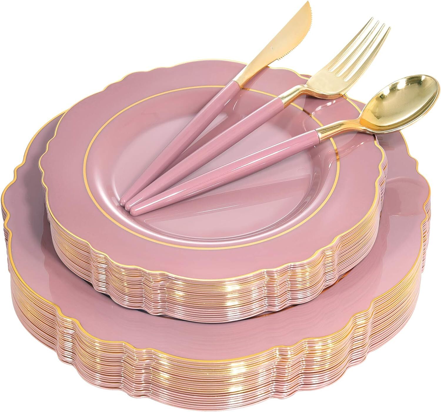 Nervure 100PCS Mauve Pink Plastic Plates With Gold Rim – Mauve and Gold Disposab