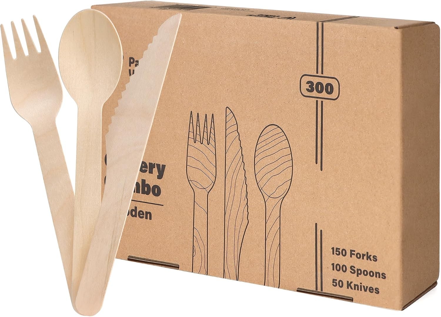 [300 Combo Pack] Compostable Wooden Cutlery Set, 150 Forks – 100 Spoons – 50