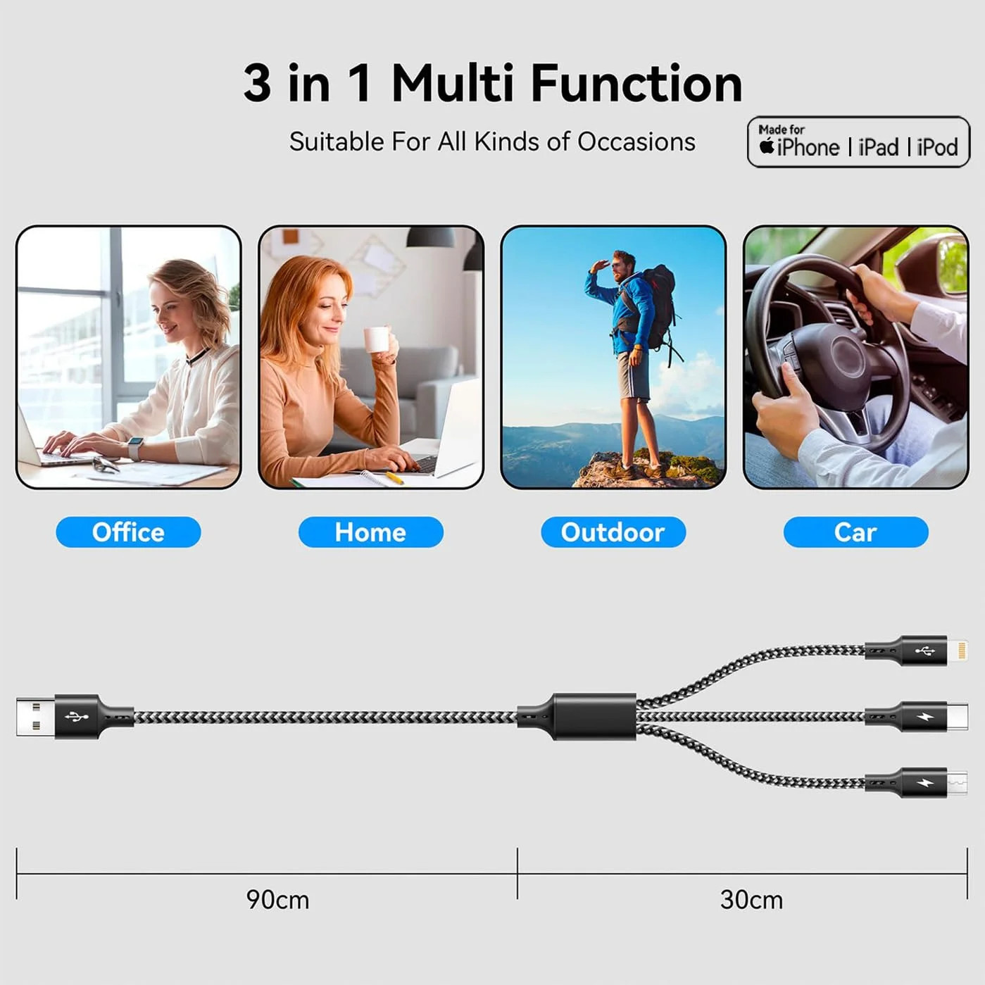 3 in 1 Multiple Charging Cord, Braided Multi Charger Cable USBC Charging