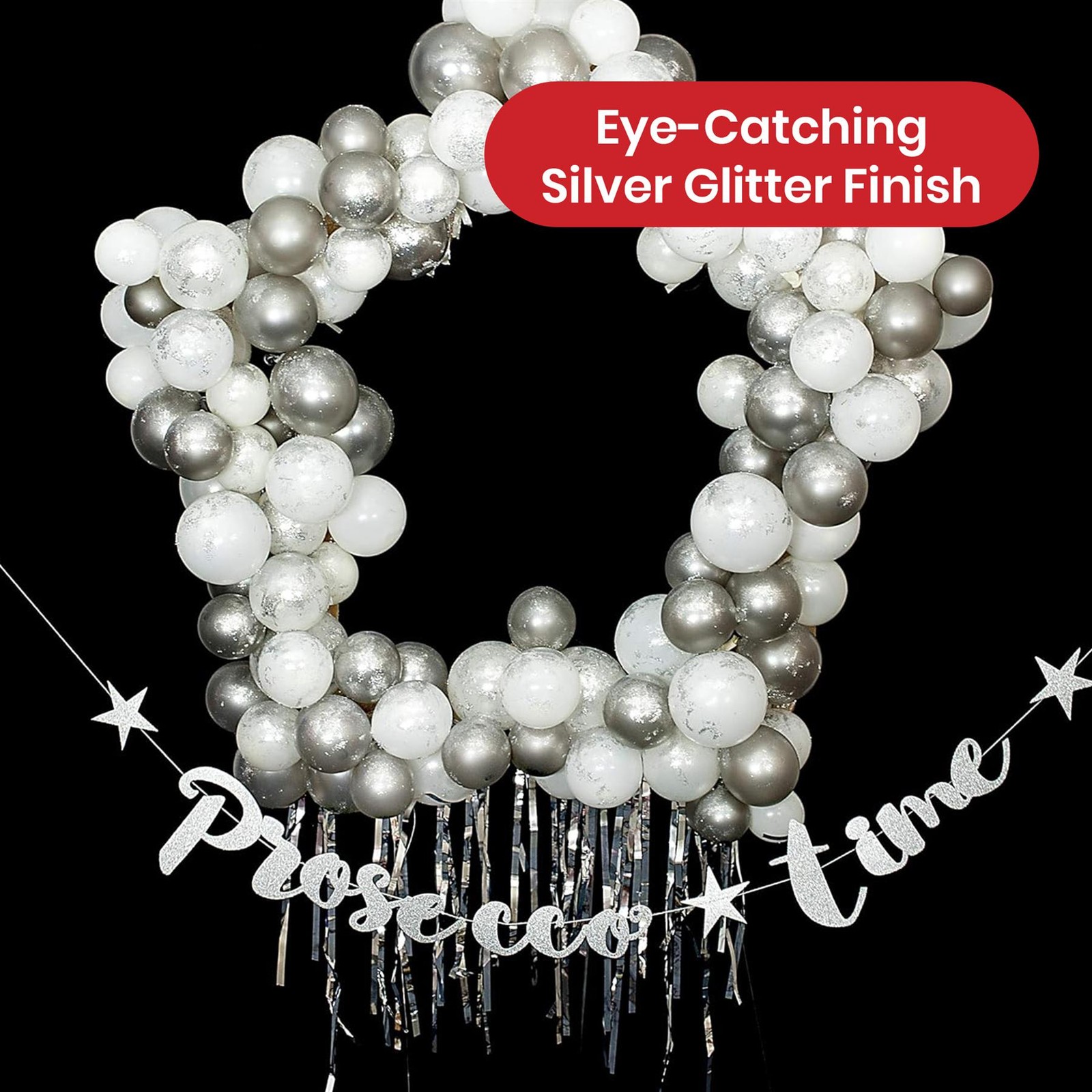 Prosecco Bunting 1.5m Silver Glitter Prosecco Party Banner for Celebrations