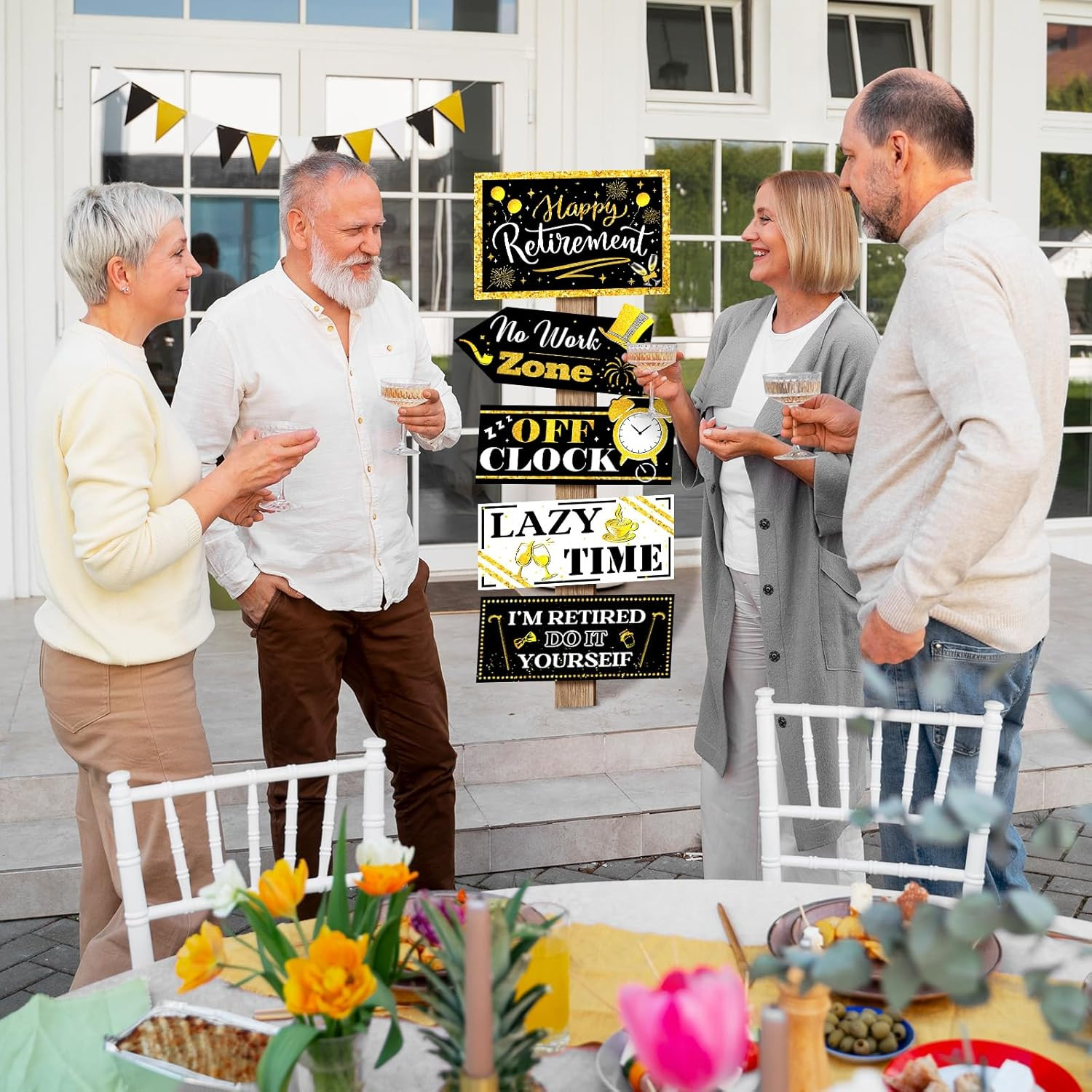 20 Pcs Retirement Party Decorations Black and Gold Happy Retirement Banner Sign
