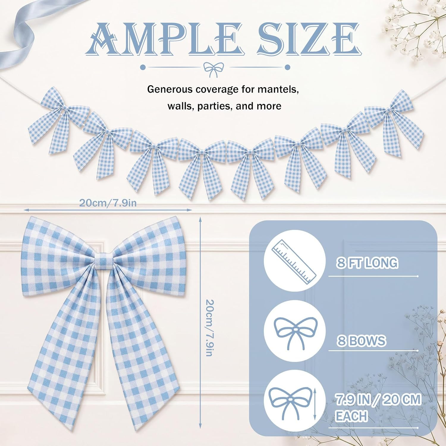 8 Ft Sky Blue Bow Garland Decorations Blue Fabric Bow Banner Hanging Banner for