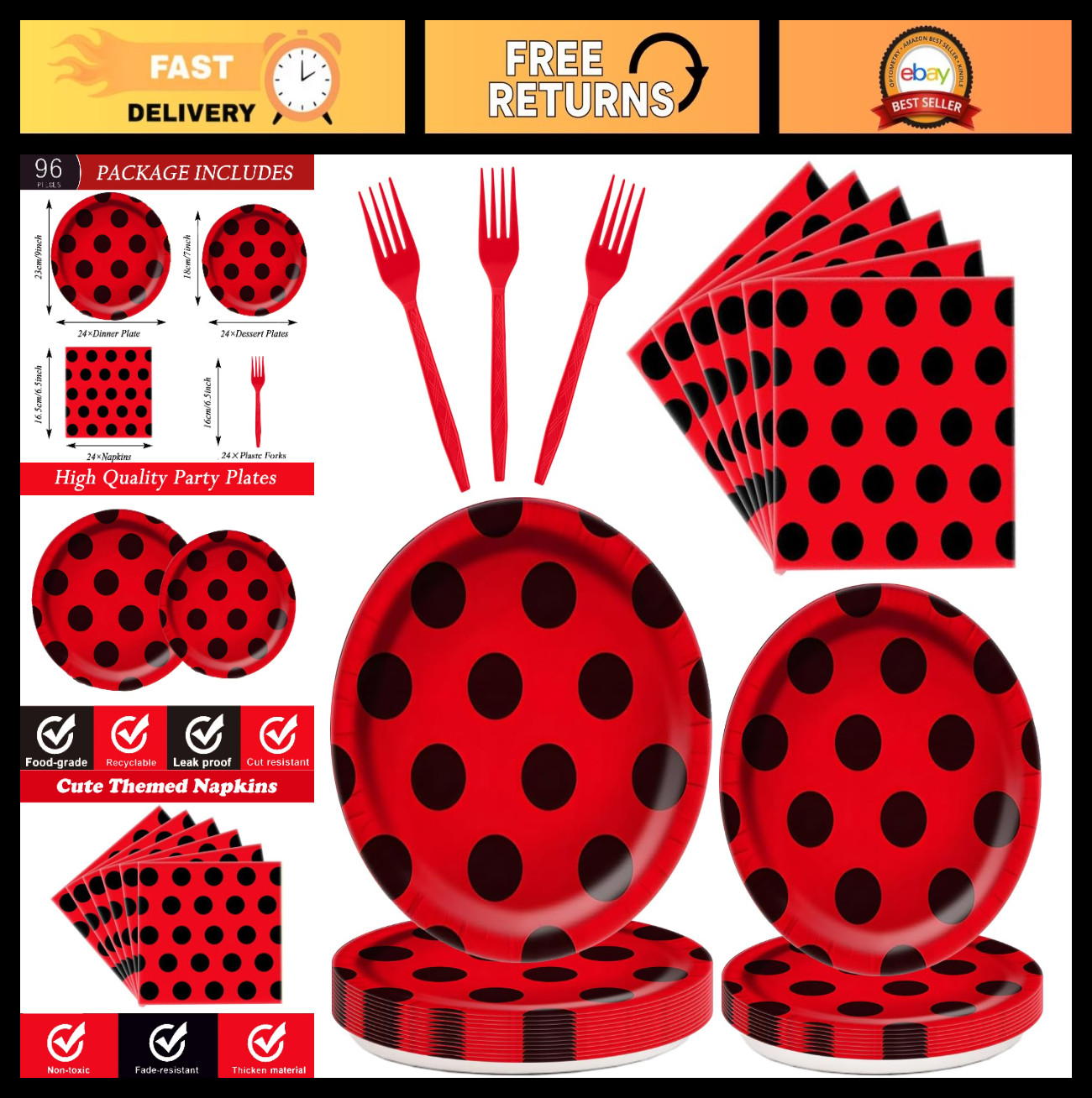 96Pcs Ladybug Party Supplies – Cute Disposable Plates & Napkins for 24 Guests