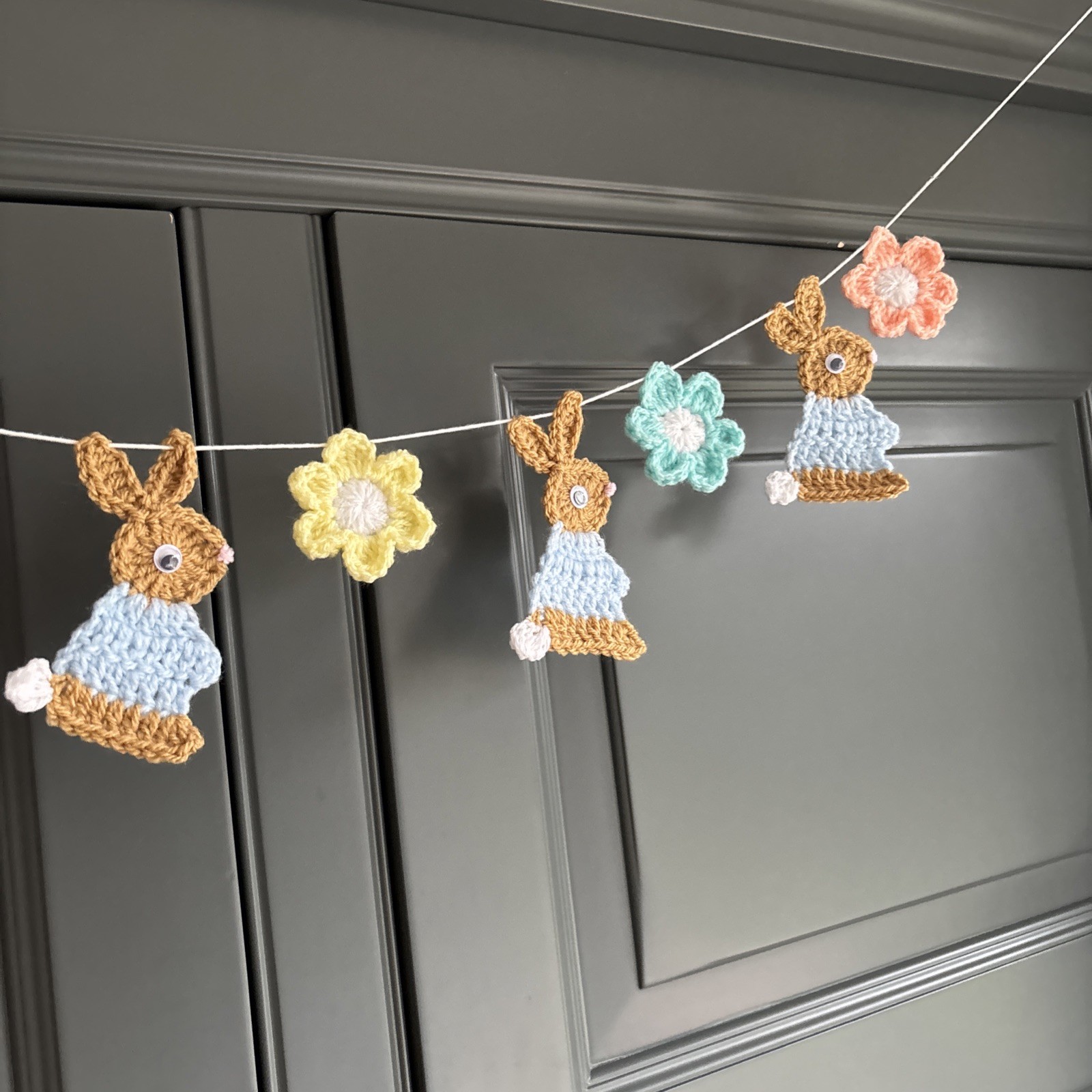 Bunny Rabbit & Flowers Garland/ Bunting Handmade Crocheted Nursery Home Decor