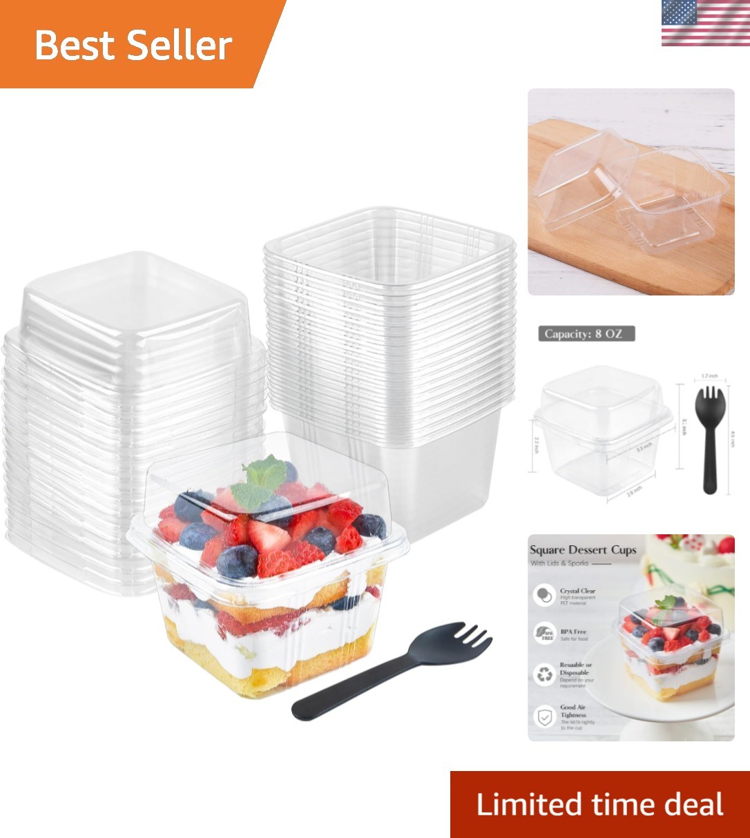 50 Pack 8 oz Square Plastic Dessert Cups with Lids and Sporks, Disposable Cak…