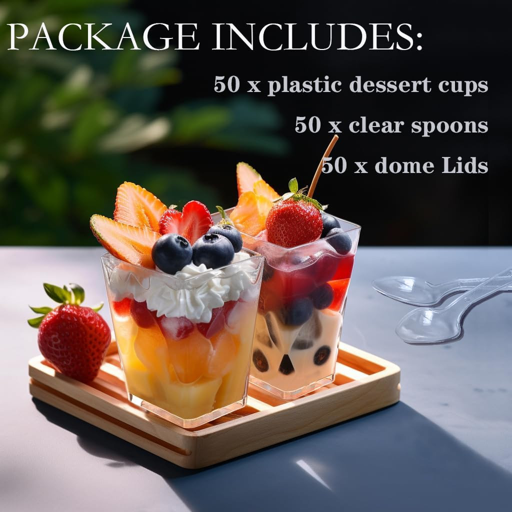 50Pack 5Oz Clear Plastic Dessert Cups with Lids and Spoons, Reusable Square Parf