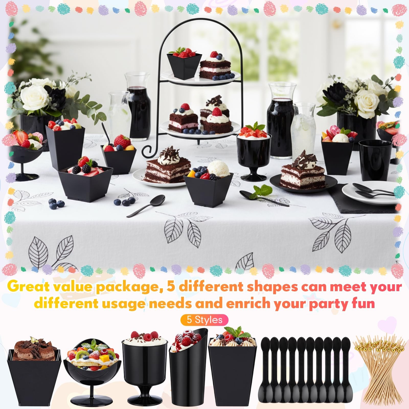 Acellegic 150 Pcs Plastic Dessert Cups with Spoons and Toothpicks, 2 to 5 oz 5 S