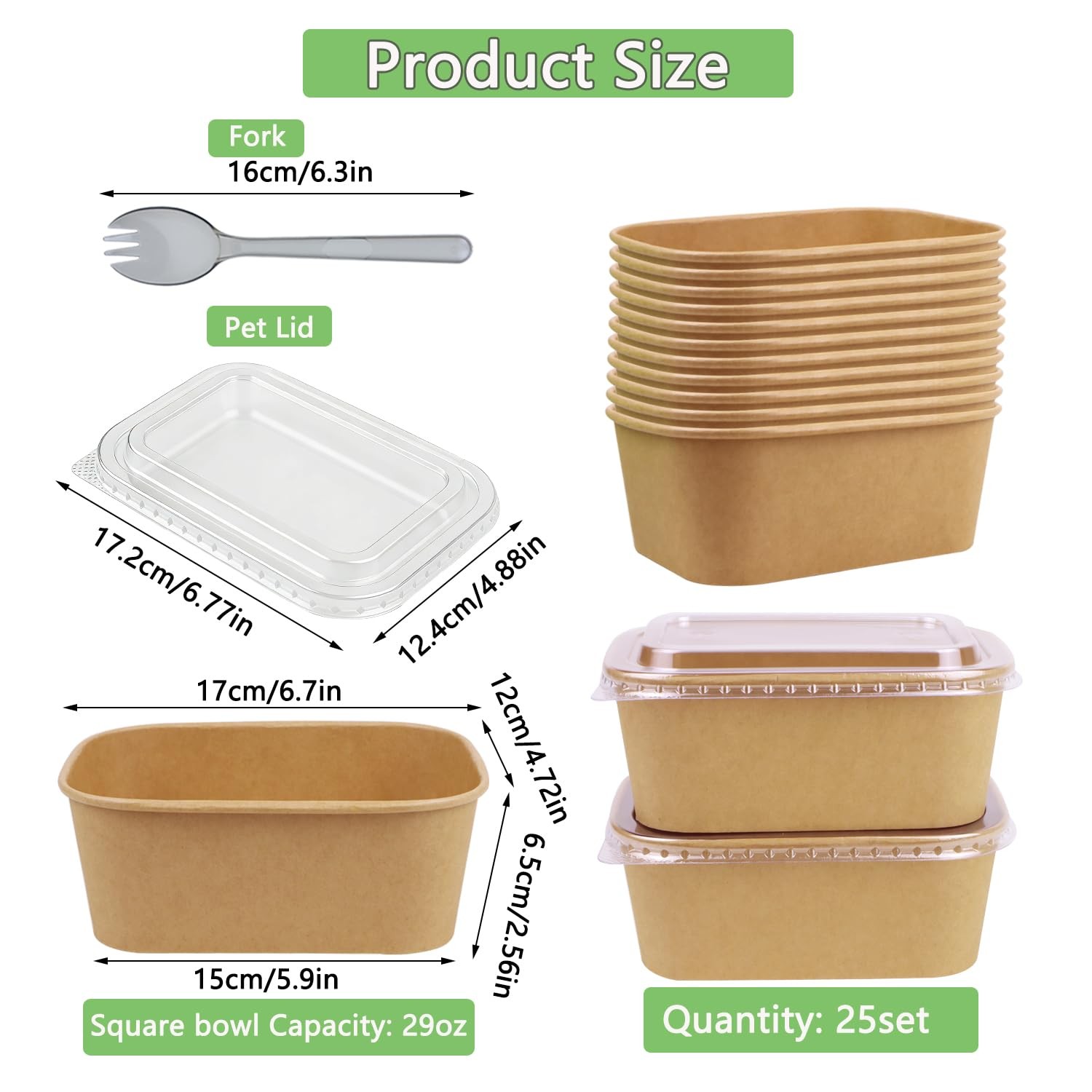 25 Pack 29oz Disposable Kraft Paper Bowls with Lids and Forks, Meal Prep Cont…