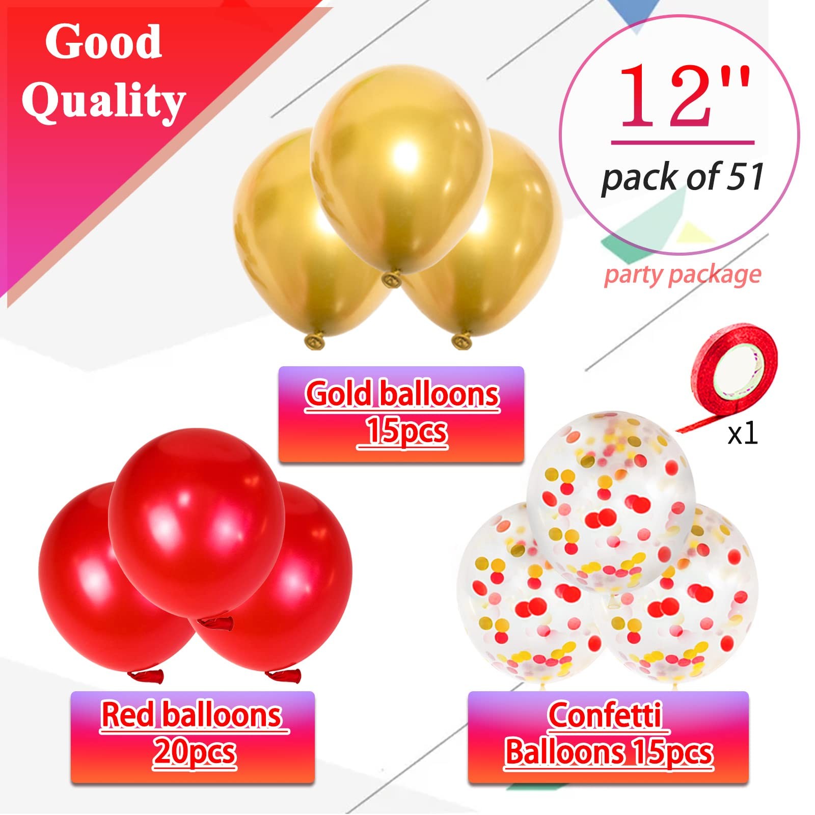 Royal Red & Gold Latex Balloons 12 Inch, Metallic Gold, Confetti Mix with Ri…