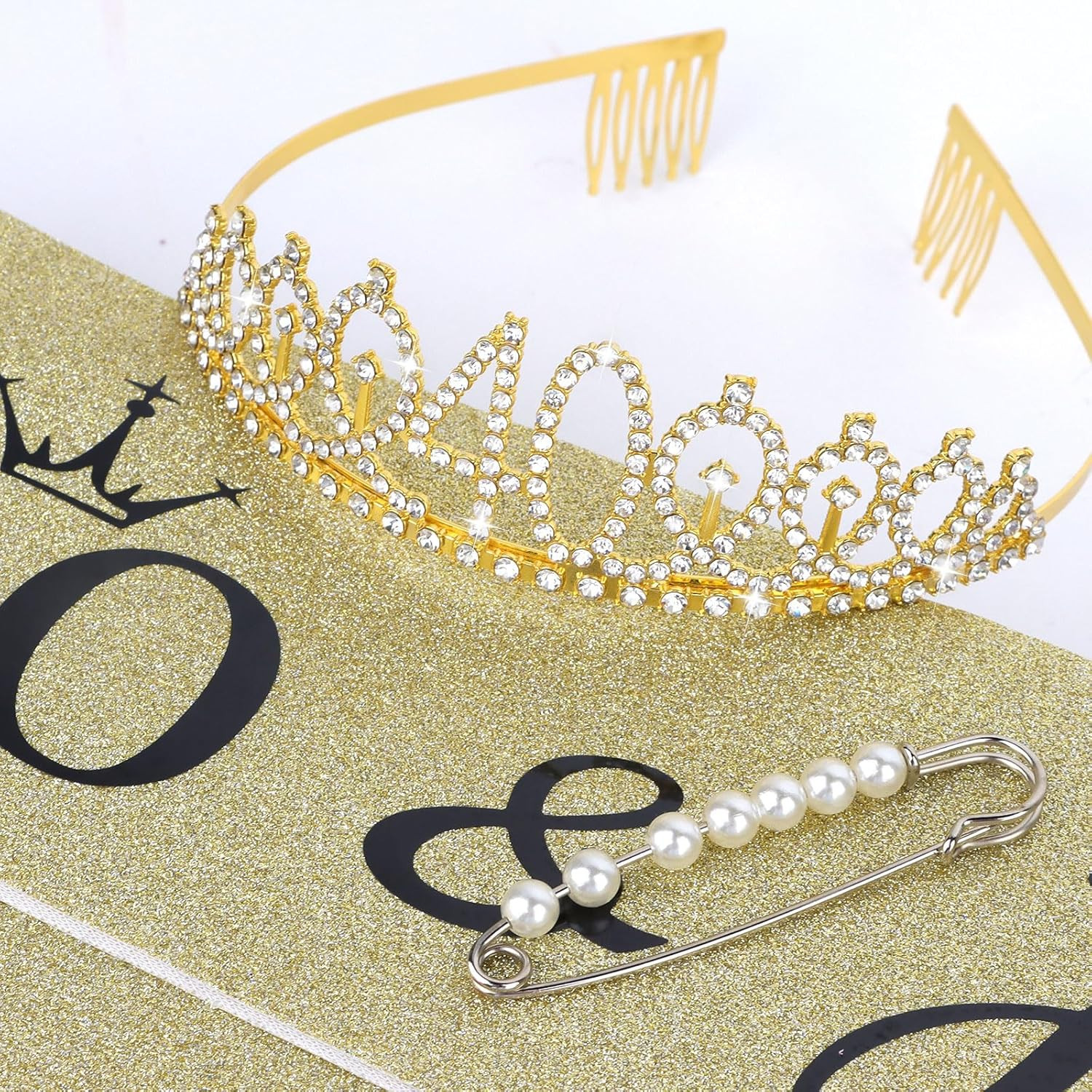 40Th Birthday Crown, 40 & Fabulous Sash, Pearl Pin Set, Tiara Decorations