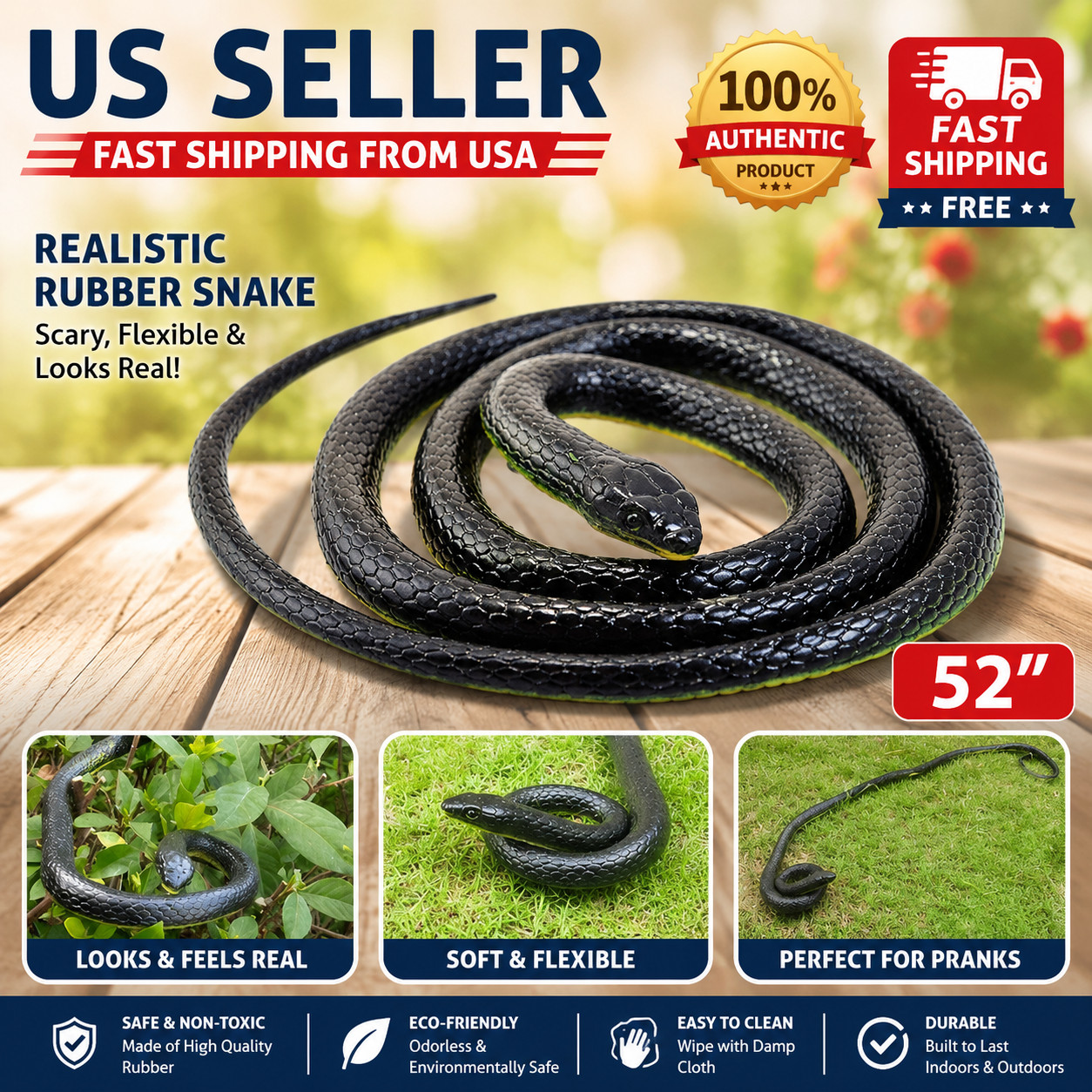 Fake Realistic Snake Lifelike Real Scary Rubber Toy Prank Party Joke For Garden