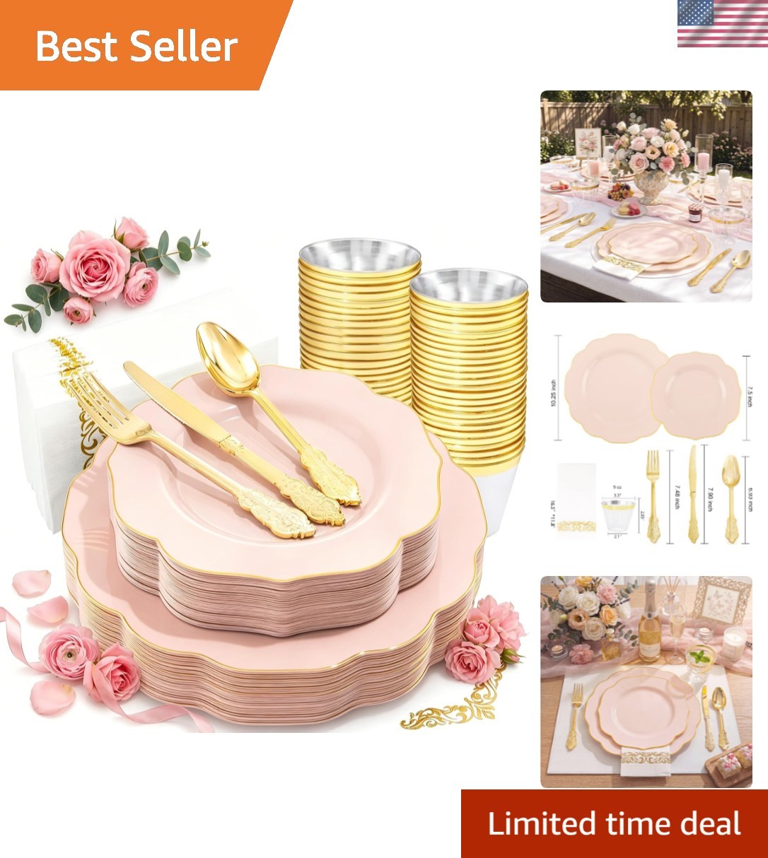 175PCS Pink Plates with Gold Disposable Silverware – Include 50 Pink Plastic …