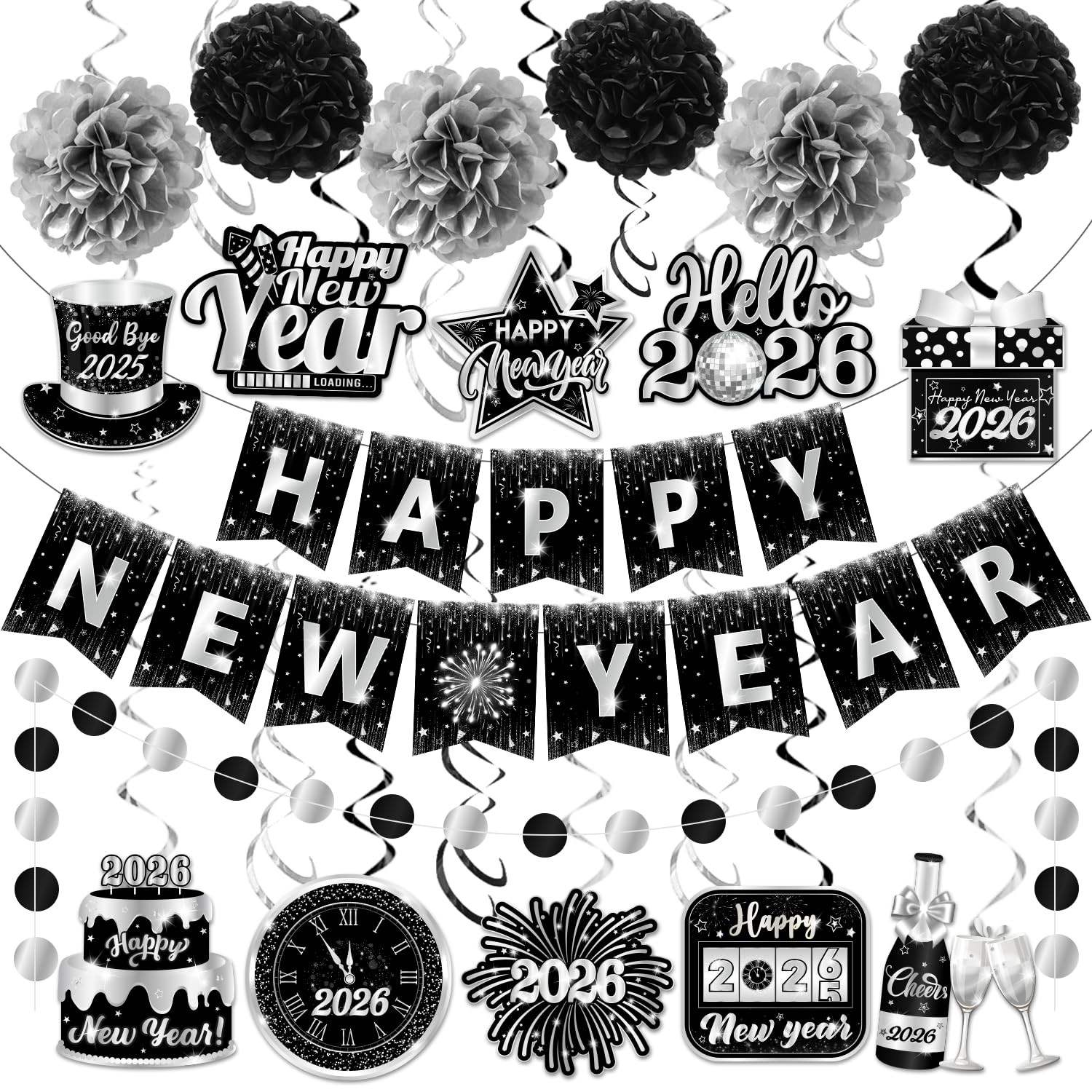 Happy New Year 2026 Silver and Black, NYE 0.5 inches x inches,