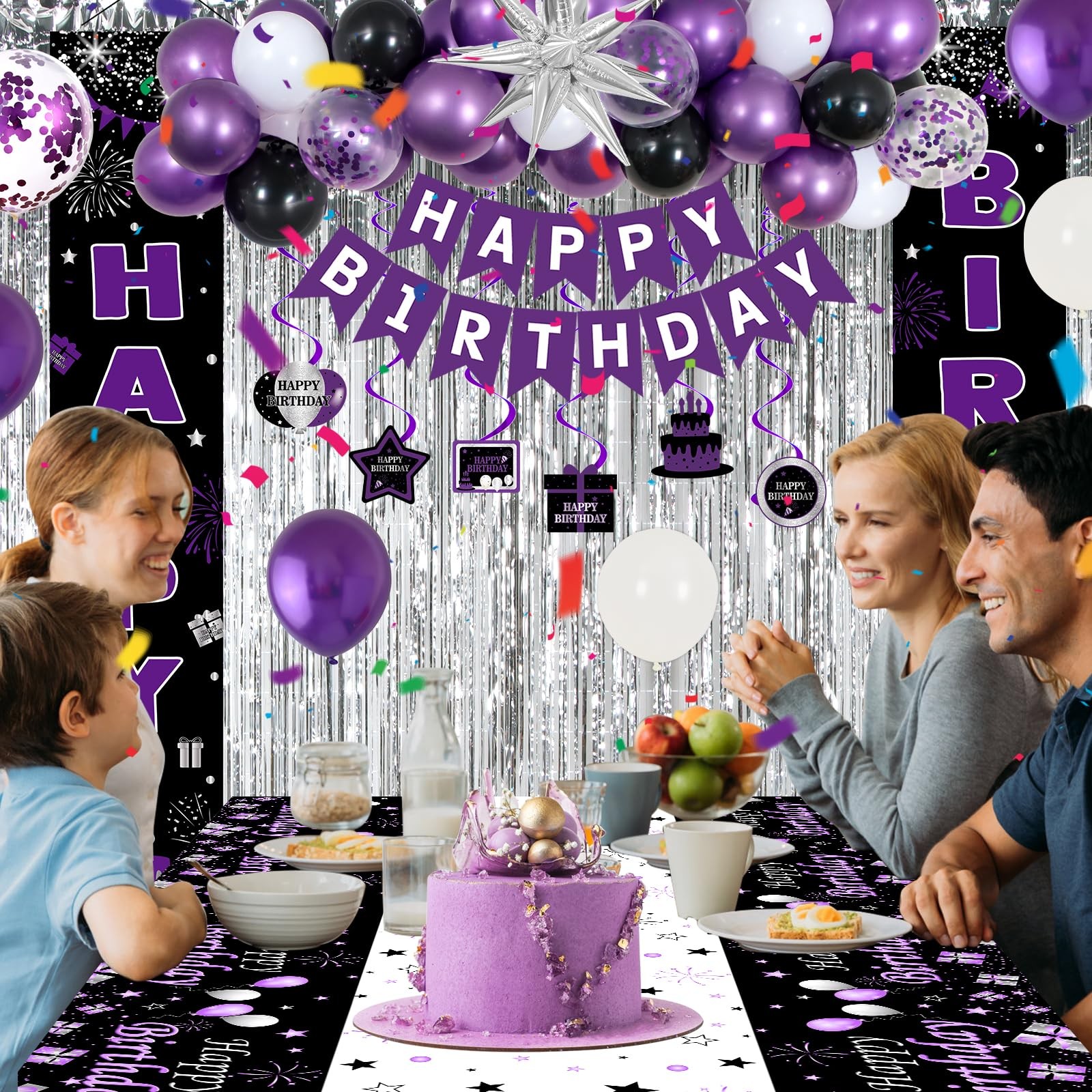 Black and Purple Birthday Decorations for Women Girls, Happy Birthday Decoration