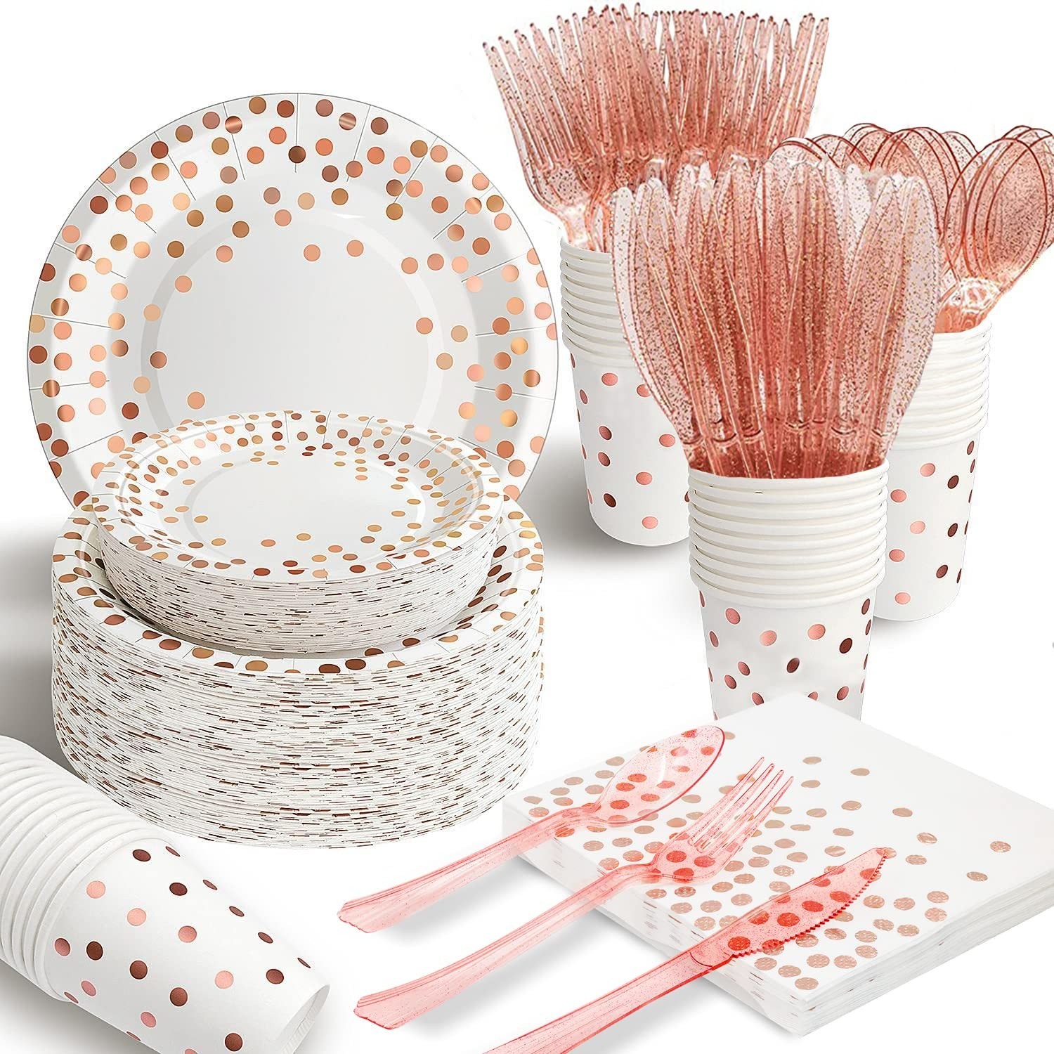 AIRE 350PCS White and Rose Gold Paper Plates Party Supplies for 50 Guests Par…