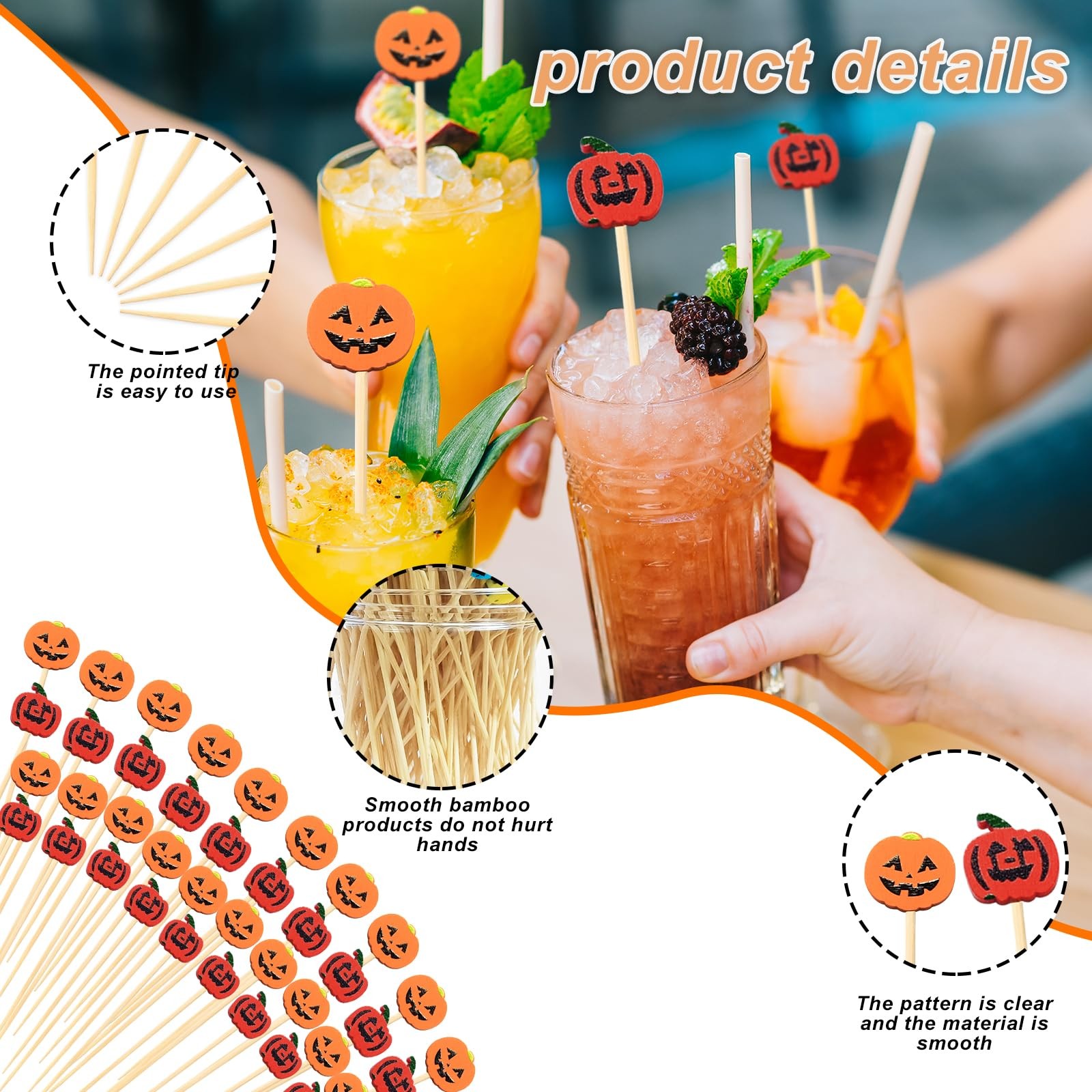 120 PCS Halloween Cocktail Picks – 4.7 Inch pumpkin Halloween Bamboo Toothpic…
