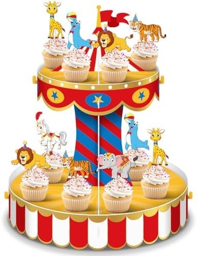 Carnival Circus Cupcake Stand Party Decorations with 24 Cupcake Toppers Circus T